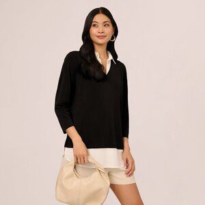 🆕 Adrianna Papell Three Quarter Sleeve Collared Twofer Sweater size L